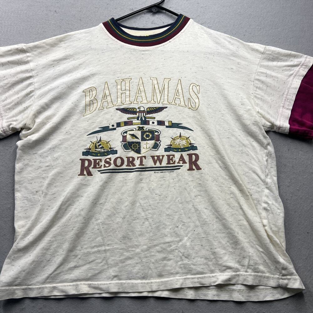 Vintage 90s Bahamas Resort Wear T Shirt USA Made Ringer‎ Collar Tourist Tee M